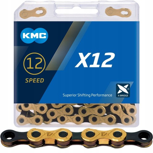 Łańcuch KMC X12 126 ogniw / złoto - czarny BOX + spinka 