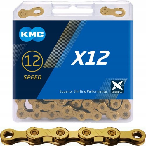 Łańcuch KMC X12 126 ogniw / złoty BOX + spinka 