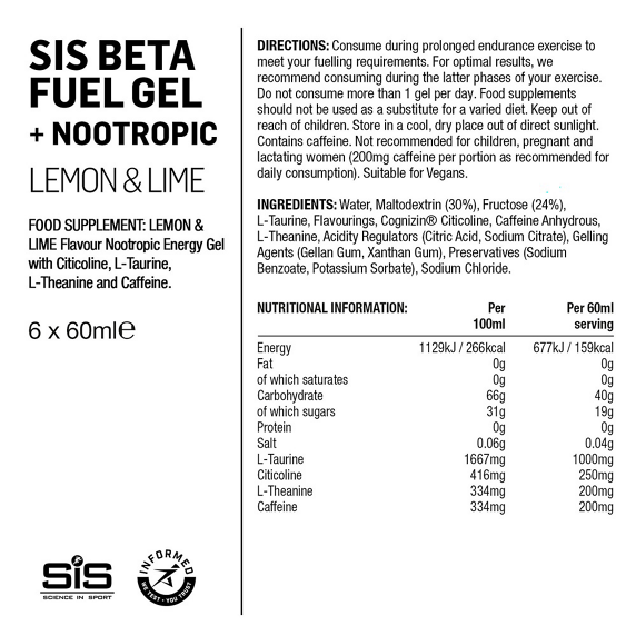 Zestaw 6 x Żel energetyczny SIS BETA FUEL GEL + Nootropics cytryna-limonka  60ml