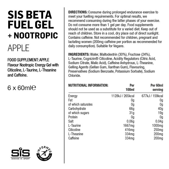 Zestaw 6 x Żel energetyczny SIS BETA FUEL GEL  + Nootropics - Jabłko 60ml
